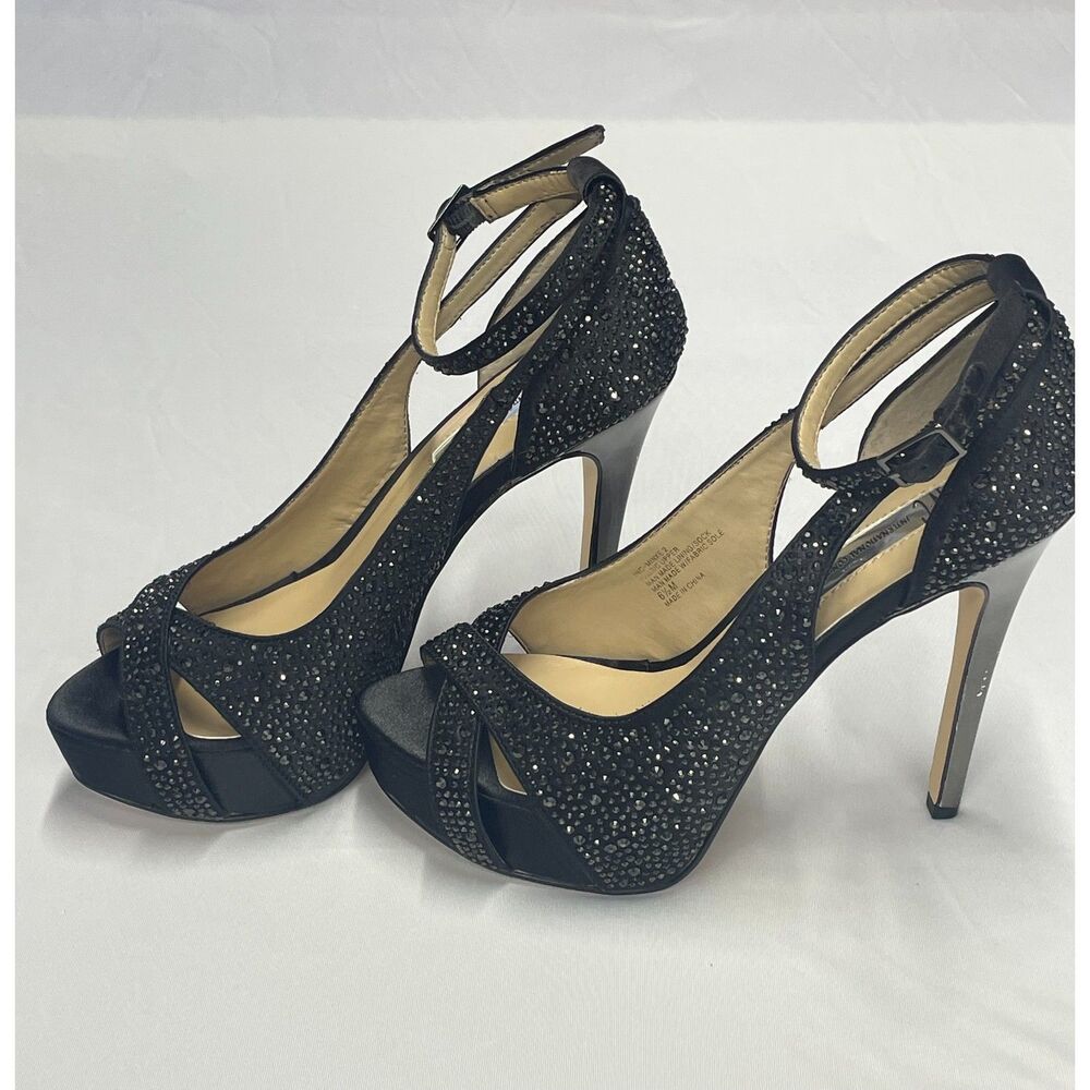INC Rhinestone Platform Heels Black Ankle Strap Stiletto Y2K Party 6.5 Prom Shoe